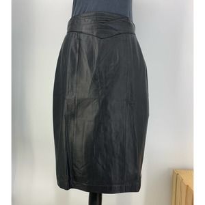 Vintage Jacqueline Ferrar Women M Black Genuine Leather Knee Length HiRise Skirt